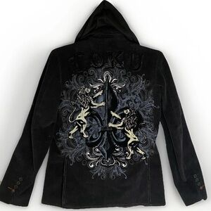 Toku Black Corduroy Hooded Jacket Coat Satin Dragon Liner‎ Painted Lions Mens S